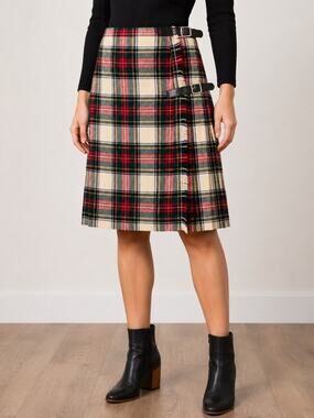Vintage Scottish Women's Wool Tartan Kilt Wrap Skirt Plaid Buckle Fringe Size 16